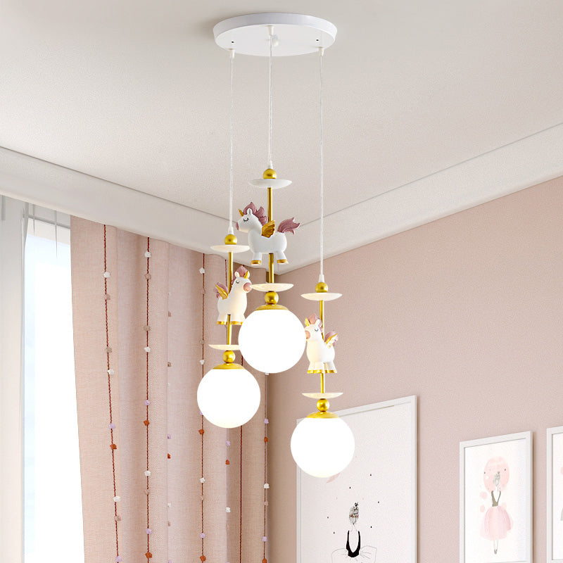 3 Lights Bedroom Multi Light Pendant Cartoon White Unicorn Pendulum Lamp with Global Milk Glass Shade Clearhalo 'Ceiling Lights' 'Chandeliers' 'Glass shade' 'Glass' 'Pendant Lights' 'Pendants' Lighting' 918013