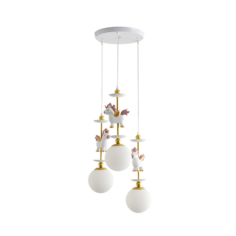 3 Lights Bedroom Multi Light Pendant Cartoon White Unicorn Pendulum Lamp with Global Milk Glass Shade Clearhalo 'Ceiling Lights' 'Chandeliers' 'Glass shade' 'Glass' 'Pendant Lights' 'Pendants' Lighting' 918014