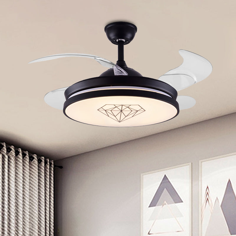 4 Blades Metal Round Hanging Fan Light Nordic LED Black Semi-Flush Ceiling Lamp with Diamond Pattern, 16