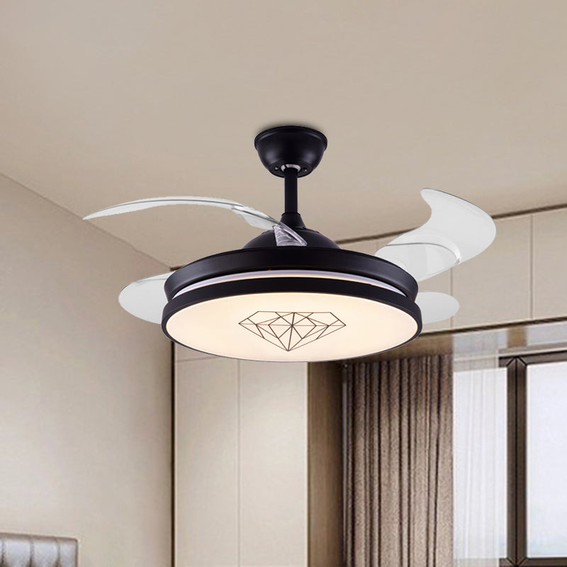 4 Blades Metal Round Hanging Fan Light Nordic LED Black Semi-Flush Ceiling Lamp with Diamond Pattern, 16