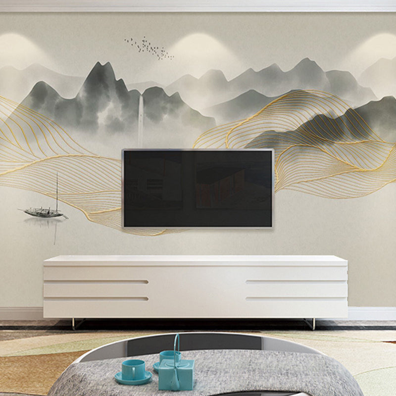 Yellow and Grey Mural Wallpaper Boat and River Stain-Resistant Wall Art for Guest Room Yellow-Gray Clearhalo 'Wall Decor' 'Wall Mural' 918419