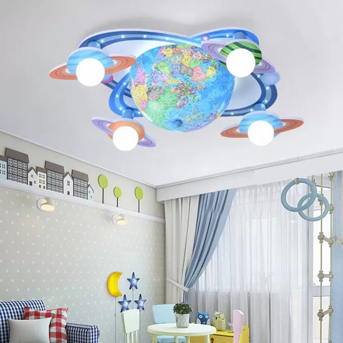 Wood Globe Ceiling Mount Light Four Heads Modern Ceiling Fixture in Blue for Baby Bedroom Clearhalo 'Ceiling Lights' 'Close To Ceiling Lights' 'Close to ceiling' 'Flush mount' Lighting' 91845