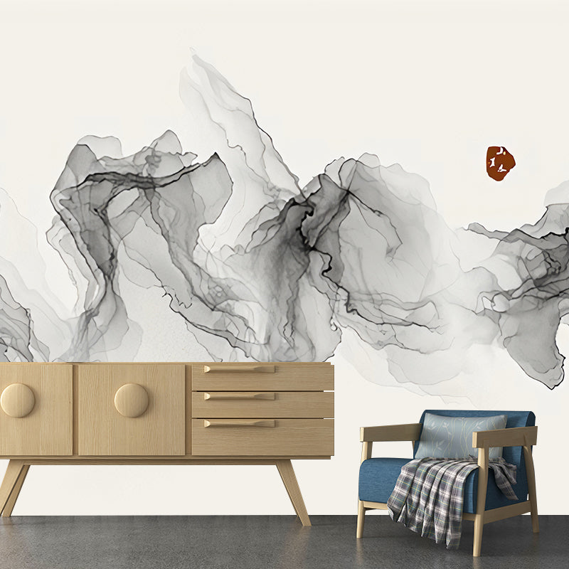 Traditional Wall Mural for Living Room with Grey Swirling Smoke Pattern, Made to Measure Clearhalo 'Wall Decor' 'Wall Mural' 918470