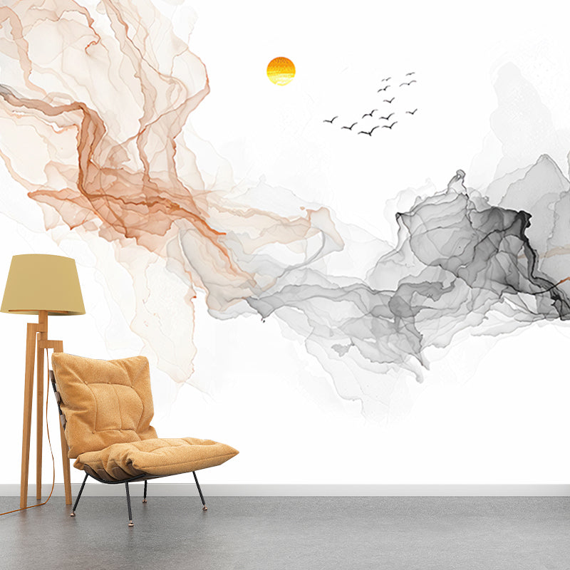 Extra Large Wall Mural for Living Room Swirled Smoke and Flying Bird Wall Art in Brown and Black, Stain-Resistant Clearhalo 'Wall Decor' 'Wall Mural' 918534