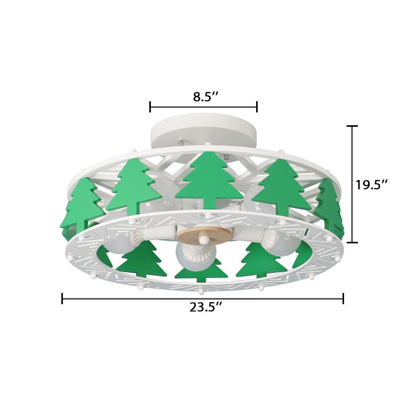 White Drum Semi Flush Light with Green Tree Decoration Modern Multi Light Metal Ceiling Light Clearhalo 'Ceiling Lights' 'Close To Ceiling Lights' 'Close to ceiling' 'Semi-flushmount' Lighting' 91859