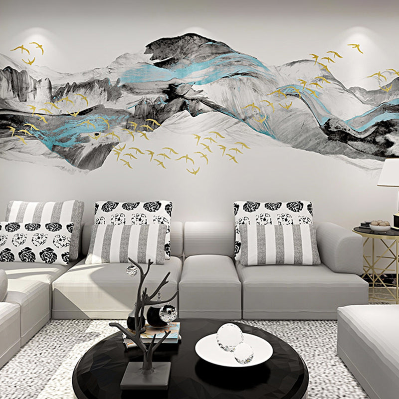 Full Size Chinese Mural Wallpaper Blue and Grey Wild Goose and Veil Wall Covering, Customized Size Available Blue-Gray Clearhalo 'Wall Decor' 'Wall Mural' 918641