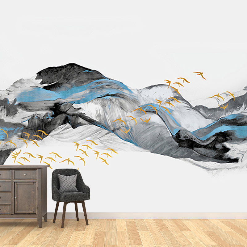 Full Size Chinese Mural Wallpaper Blue and Grey Wild Goose and Veil Wall Covering, Customized Size Available Clearhalo 'Wall Decor' 'Wall Mural' 918644