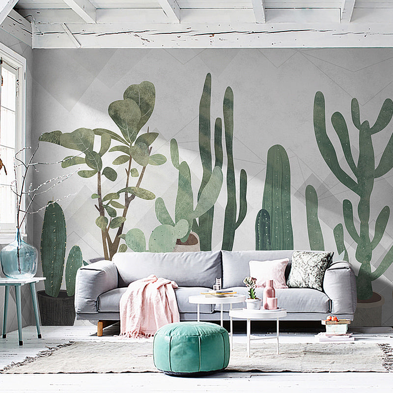 Fresh Cactus Wall Covering for Living Room in Pastel Green, Personalized Size Available Green Clearhalo 'Wall Decor' 'Wall Mural' 918827