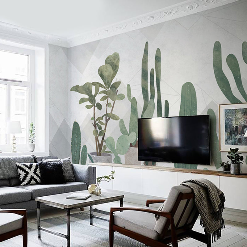 Fresh Cactus Wall Covering for Living Room in Pastel Green, Personalized Size Available Clearhalo 'Wall Decor' 'Wall Mural' 918828