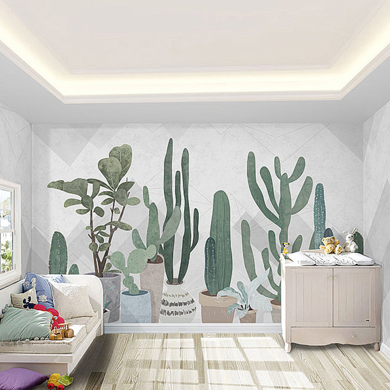 Fresh Cactus Wall Covering for Living Room in Pastel Green, Personalized Size Available Clearhalo 'Wall Decor' 'Wall Mural' 918829