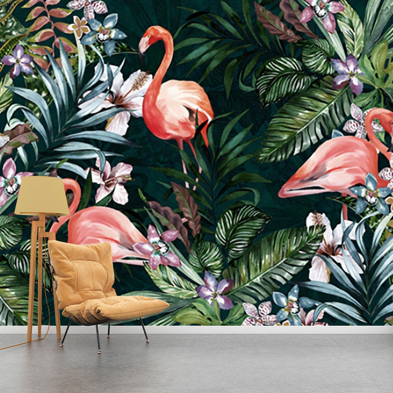 Tropical Flamingo and Forest Mural for Gallery, Extra Large Wall Covering in Soft Green Clearhalo 'Wall Decor' 'Wall Mural' 918996