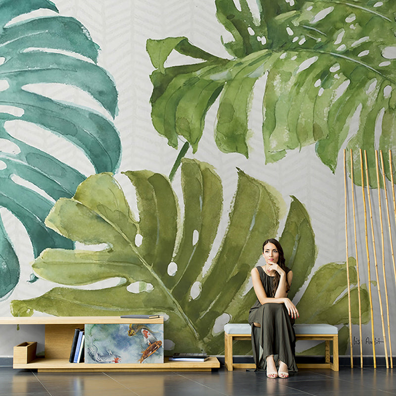 Whole Tropical Leaf Mural Wallpaper for Guest Room Green Plant Wall Covering in Green for Decor Green Clearhalo 'Wall Decor' 'Wall Mural' 919010