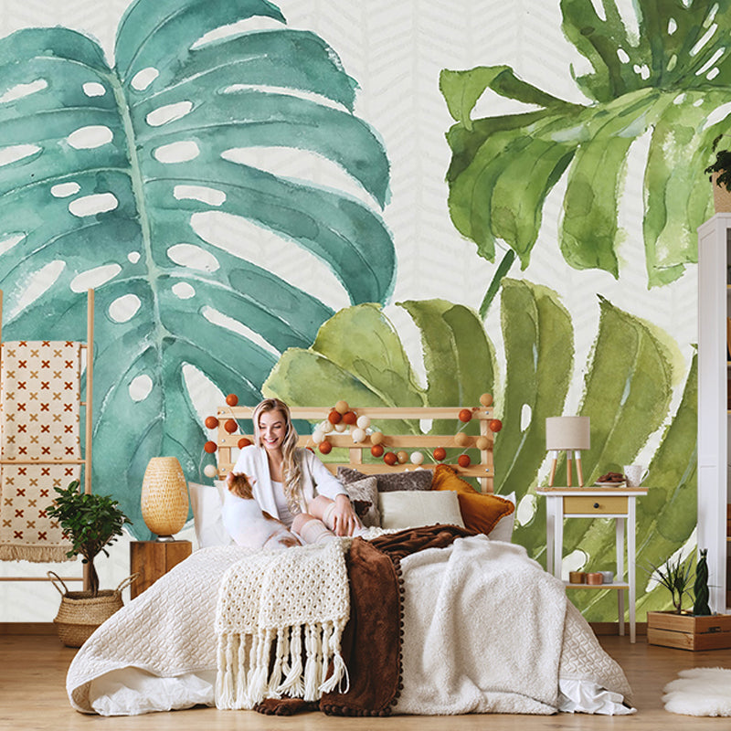 Whole Tropical Leaf Mural Wallpaper for Guest Room Green Plant Wall Covering in Green for Decor Clearhalo 'Wall Decor' 'Wall Mural' 919011