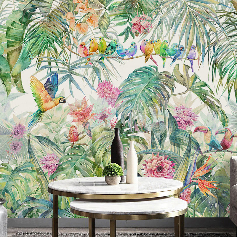 Whole Nordic Wall Art Soft Green Parrot and Jungle Mural, Customized Size Available Green Clearhalo 'Wall Decor' 'Wall Mural' 919082