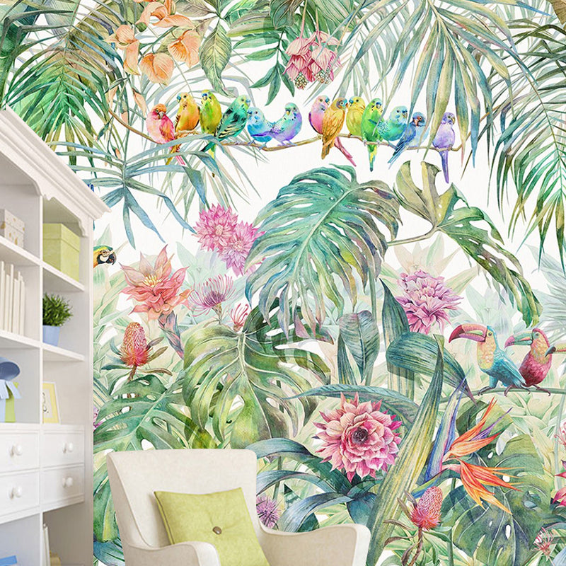 Whole Nordic Wall Art Soft Green Parrot and Jungle Mural, Customized Size Available Clearhalo 'Wall Decor' 'Wall Mural' 919084