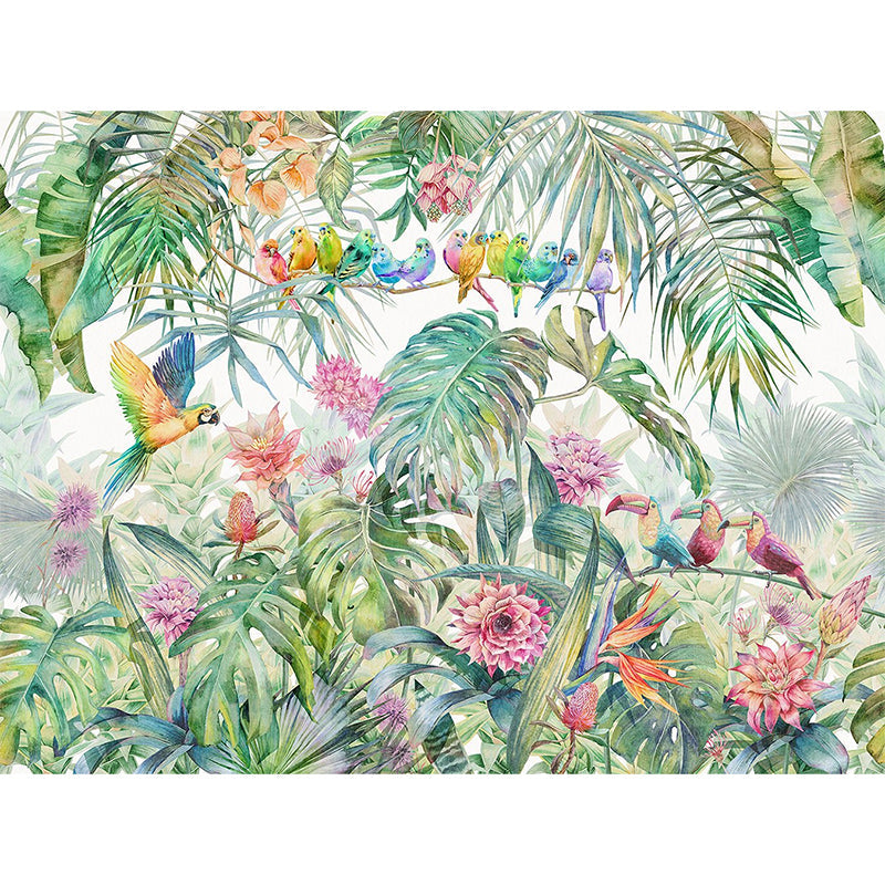 Whole Nordic Wall Art Soft Green Parrot and Jungle Mural, Customized Size Available Clearhalo 'Wall Decor' 'Wall Mural' 919085