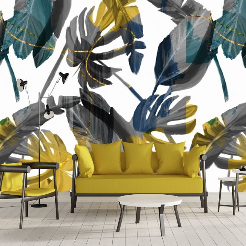 Grey and Yellow Wall Covering with Banana Leaf Pattern Stain-Resistant Mural for Gallery Gray-Yellow Clearhalo 'Wall Decor' 'Wall Mural' 919332