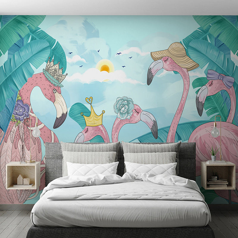 Big Cartoon Wall Art for Accent Wall Flamingo and Forest Mural Wallpaper in Green, Stain-Resistant Clearhalo 'Wall Decor' 'Wall Mural' 919421