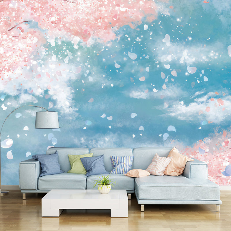 Nostalgic Cherry Blossom Wall Decor for Living Room Romantic Wall Mural, Made to Measure Pink-Blue Clearhalo 'Wall Decor' 'Wall Mural' 919582