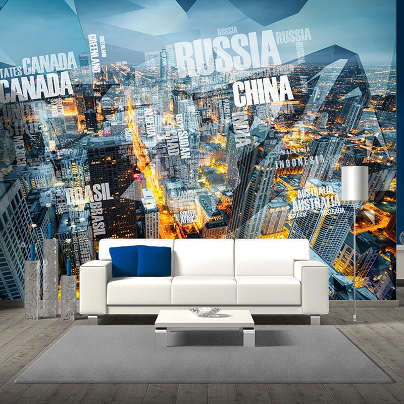 Full Size Wall Decor for Living Room Name of Various Countries and Retro Tower Wall Mural in Warm Color, Stain Resistant Clearhalo 'Wall Decor' 'Wall Mural' 920337