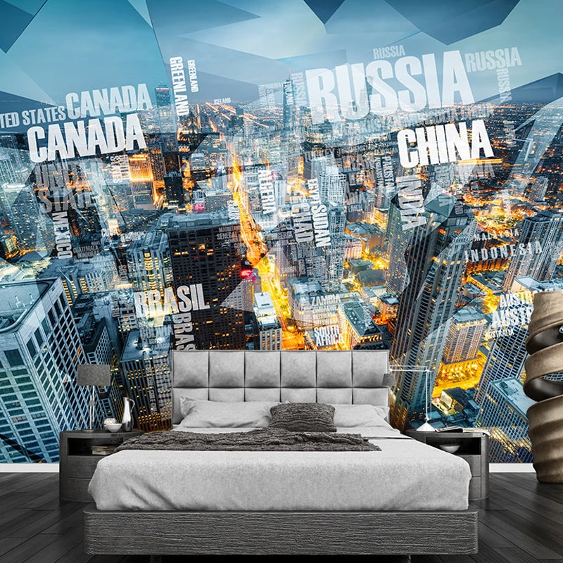 Full Size Wall Decor for Living Room Name of Various Countries and Retro Tower Wall Mural in Warm Color, Stain Resistant Clearhalo 'Wall Decor' 'Wall Mural' 920338