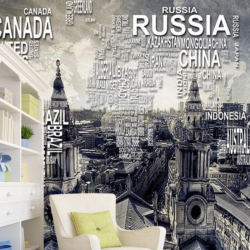 Full Size Wall Decor for Living Room Name of Various Countries and Retro Tower Wall Mural in Warm Color, Stain Resistant Clearhalo 'Wall Decor' 'Wall Mural' 920343