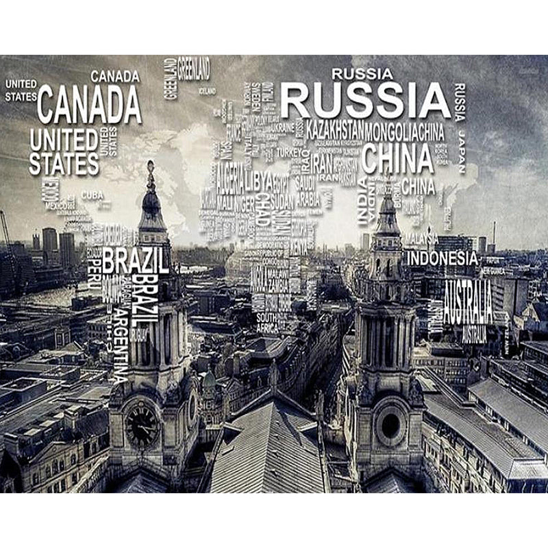 Full Size Wall Decor for Living Room Name of Various Countries and Retro Tower Wall Mural in Warm Color, Stain Resistant Clearhalo 'Wall Decor' 'Wall Mural' 920344