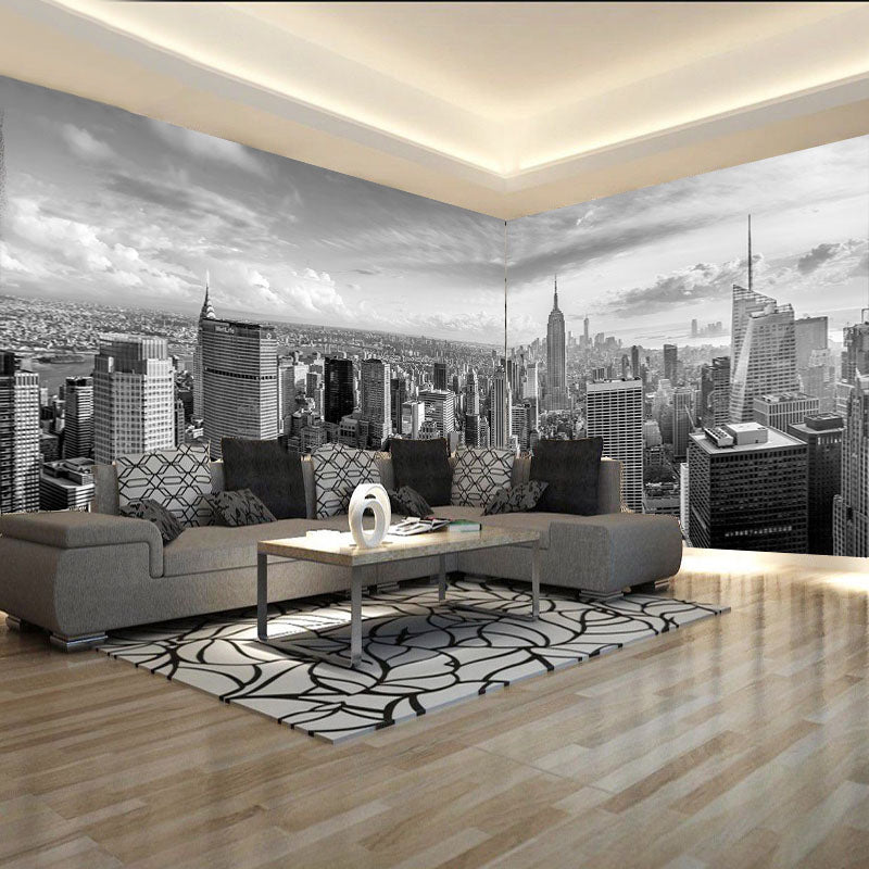 Contemporary City View Mural Wallpaper for Accent Wall, Black and White, Made to Measure Clearhalo 'Wall Decor' 'Wall Mural' 920357