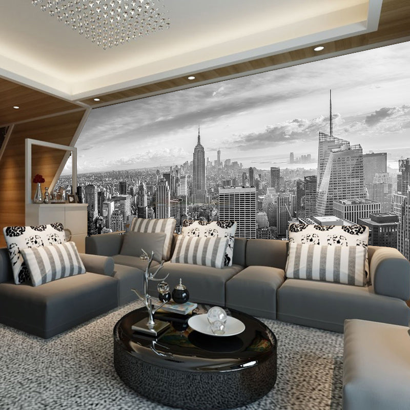 Contemporary City View Mural Wallpaper for Accent Wall, Black and White, Made to Measure Clearhalo 'Wall Decor' 'Wall Mural' 920358