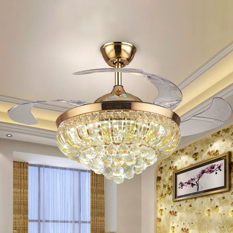 3 Blades Crystal LED Ceiling Fan Light Modernist Gold Conic Living Room Semi-Flush Mount, 42.5