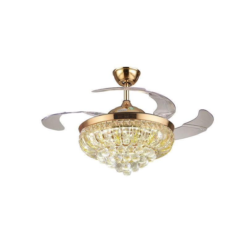 3 Blades Crystal LED Ceiling Fan Light Modernist Gold Conic Living Room Semi-Flush Mount, 42.5