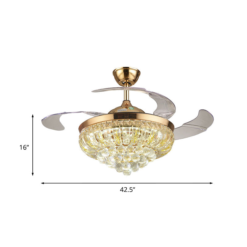 3 Blades Crystal LED Ceiling Fan Light Modernist Gold Conic Living Room Semi-Flush Mount, 42.5