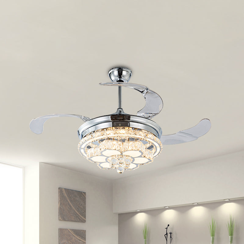 Crystal-Encrusted Chrome Fan Light Kit Floral 3-Blade Modernist LED Semi Mount Lighting, 19.5