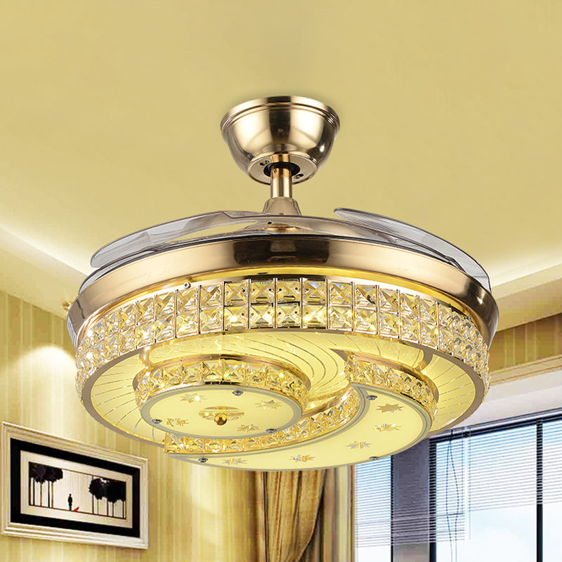 3 Blades Crescent Bedroom Fan Lighting Simplicity Crystal Gold LED Semi Flush Mount Ceiling Fixture, 42.5