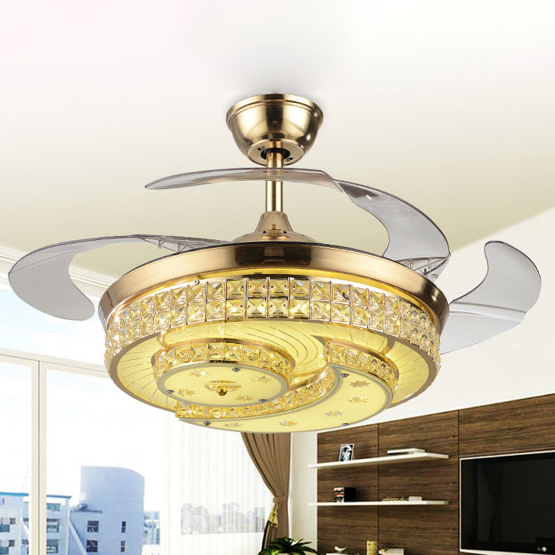 3 Blades Crescent Bedroom Fan Lighting Simplicity Crystal Gold LED Semi Flush Mount Ceiling Fixture, 42.5