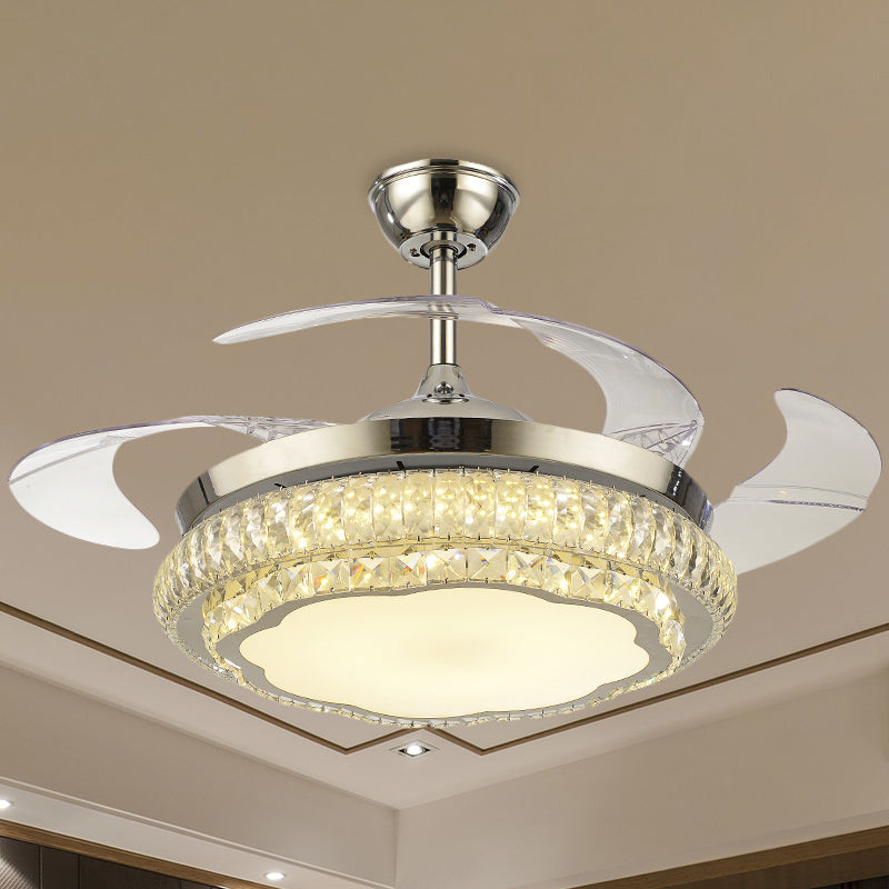 4-Blade Round Crystal Flush Ceiling Fan Minimalist Living Room 42.5