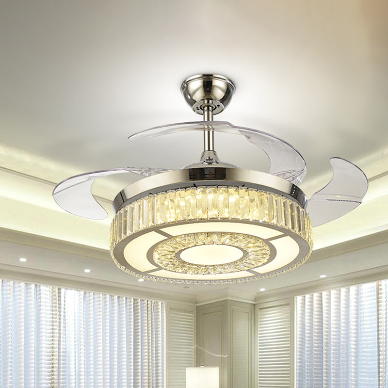 4-Blade Round Crystal Flush Ceiling Fan Minimalist Living Room 42.5