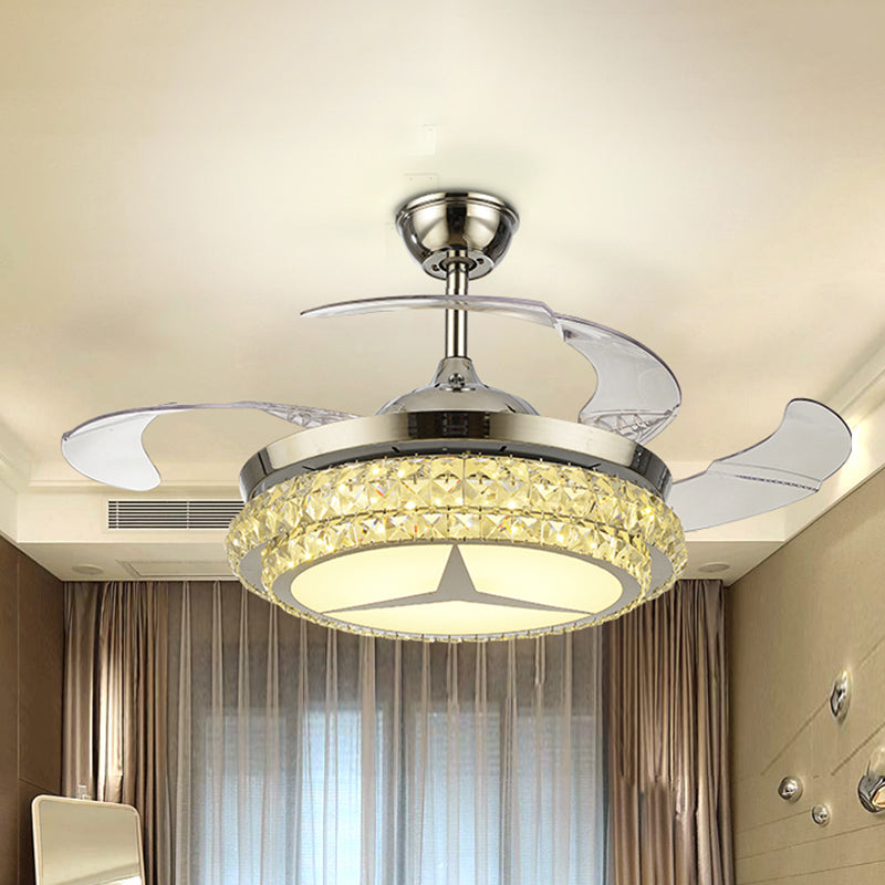 4-Blade Round Crystal Flush Ceiling Fan Minimalist Living Room 42.5