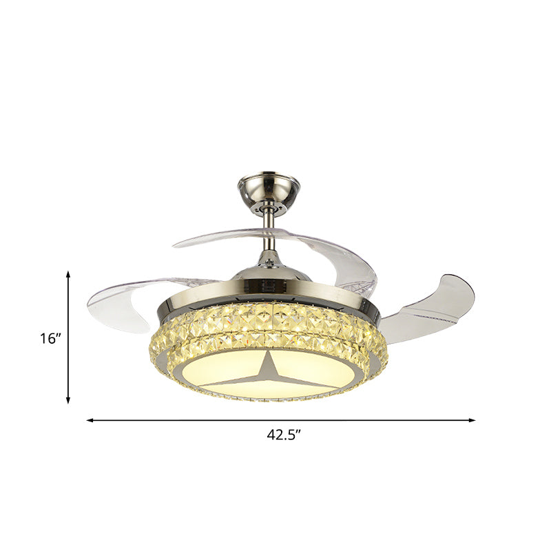 4-Blade Round Crystal Flush Ceiling Fan Minimalist Living Room 42.5