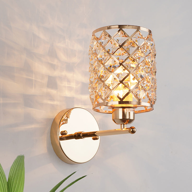 1 Bulb Crystal Inserted Wall Light Kit Simple Gold Cylindrical Trellis Living Room Sconce Lamp Gold Clearhalo 'Cast Iron' 'Glass' 'Industrial' 'Modern wall lights' 'Modern' 'Tiffany' 'Traditional wall lights' 'Wall Lamps & Sconces' 'Wall Lights' Lighting' 920493