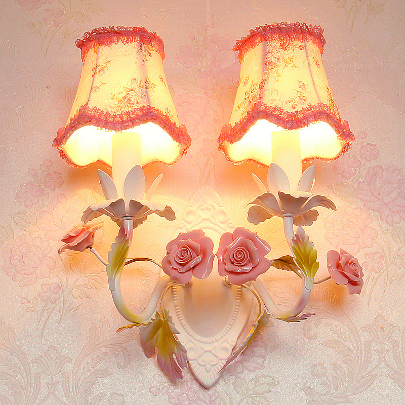 White 1/2-Head Wall Sconce Romantic Pastoral Fabric Bell Wall Mounted Light with Rose Decor Clearhalo 'Wall Lamps & Sconces' 'Wall Lights' Lighting' 920578