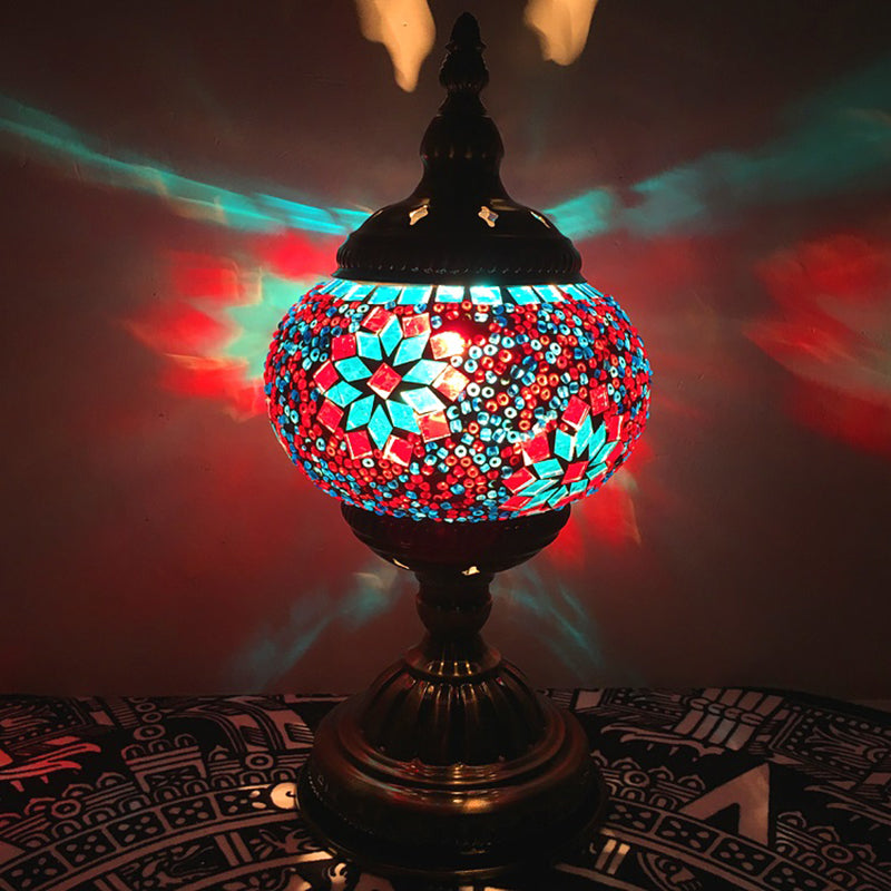 Bohemia Orb Night Table Lamp Single Light Hand Cut Glass Nightstand Lighting in White/Red/Sky Blue Red-Blue Clearhalo 'Lamps' 'Table Lamps' Lighting' 920685