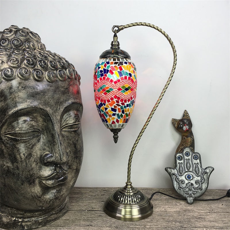 Bohemian Droplet Nightstand Light 1-Bulb Stained Art Glass Night Lamp with Curved Arm in Pink/Red Clearhalo 'Lamps' 'Table Lamps' Lighting' 920788