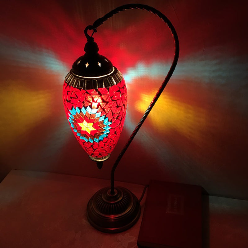 Bohemian Droplet Nightstand Light 1-Bulb Stained Art Glass Night Lamp with Curved Arm in Pink/Red Pink Clearhalo 'Lamps' 'Table Lamps' Lighting' 920794