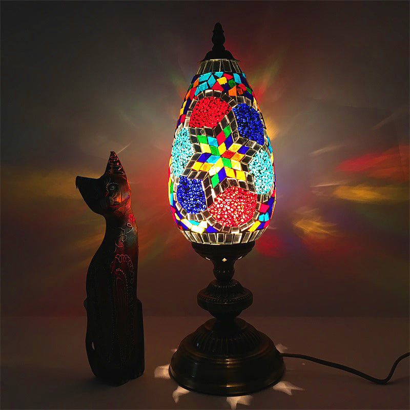 Orange/Red 1 Bulb Table Light Antique Stained Art Glass Teardrop Plug In Nightstand Lamp for Living Room Red Clearhalo 'Lamps' 'Table Lamps' Lighting' 920803