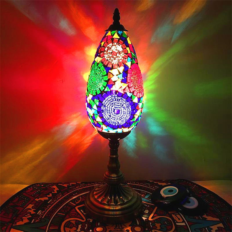 Orange/Red 1 Bulb Table Light Antique Stained Art Glass Teardrop Plug In Nightstand Lamp for Living Room Clearhalo 'Lamps' 'Table Lamps' Lighting' 920804