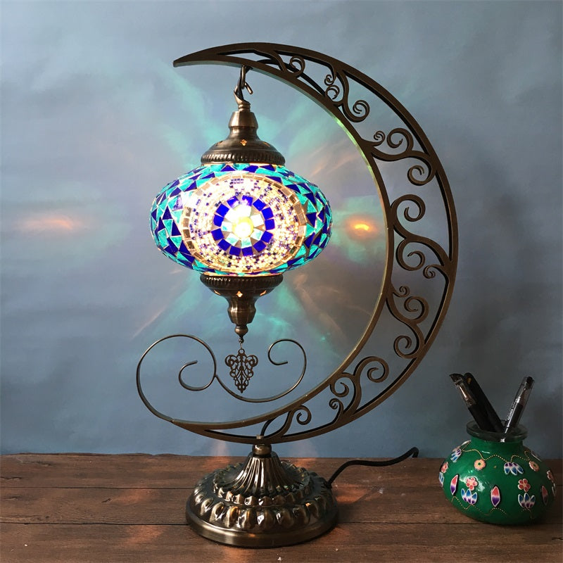 Blue Oval Table Light Decorative Stained Glass 1 Bulb Bedroom Night Lamp with Moon Shape Arm Blue Clearhalo 'Lamps' 'Table Lamps' Lighting' 920924