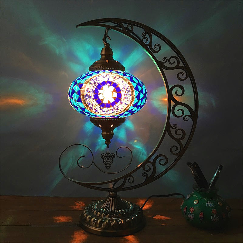 Blue Oval Table Light Decorative Stained Glass 1 Bulb Bedroom Night Lamp with Moon Shape Arm Clearhalo 'Lamps' 'Table Lamps' Lighting' 920925