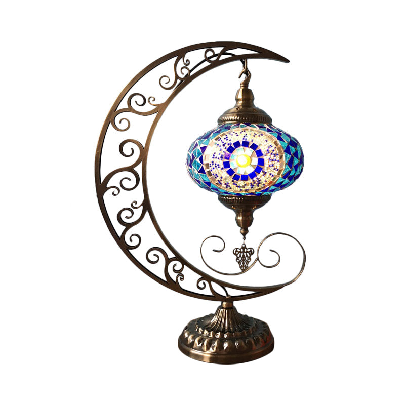 Blue Oval Table Light Decorative Stained Glass 1 Bulb Bedroom Night Lamp with Moon Shape Arm Clearhalo 'Lamps' 'Table Lamps' Lighting' 920927