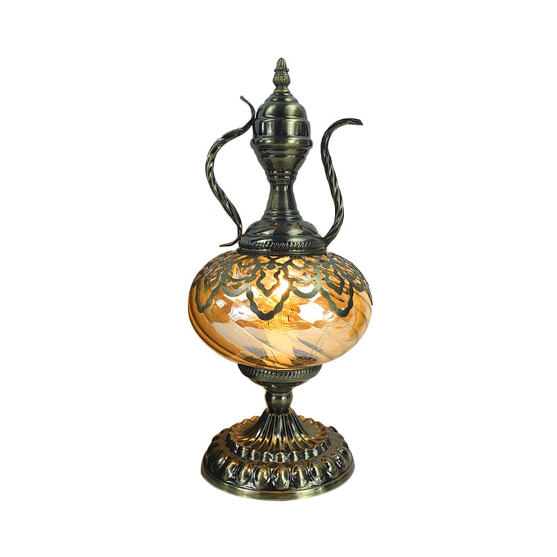 Amber Glass Brass Table Lighting Teapot/Oval 1 Bulb Bohemia Nightstand Light for Bedroom, 14